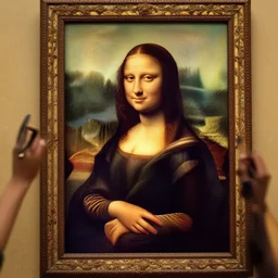 a photo of Monalisa while painting a portrait of Leonardo Da Vinci,