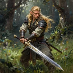 a beautiful portrait of an epic fantasy style mystical forest elf man with long blond hair holding a epic elven longsword in the midst of a grassy meadow, oil painting, Greg Rutkowski, Charlie Bowater, swordsman, unreal 5, DAZ, hyperrealistic, octane render, RPG portrait, dynamic lighting, fantasy art,