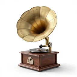 industrial gramophone, clean 3d render, octane render, isolated on a pure white background, centered, entire object in frame, sharp focus, soft studio lighting