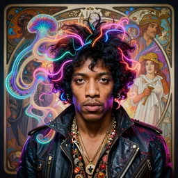A Weirdcore Mesmerizing 8k hyperrealistic portrait of cyberpunk Jimi Hendrix with electric neon hair strands, floating in spirals of iridescent mycelum, painted by Caravaggio, Greg rutkowski, Sachin Teng, Thomas Kindkade, Alphonse Mucha, Norman Rockwell, Tom Bagshaw