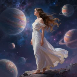 a beautiful goddesses, profile, full body, universe in the background, planets, sky, dream, highly detailed, digital painting, refreshing, trending on artstation, octane render, illustration by james jean