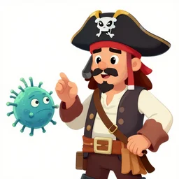 Cartoon of a pirate talking to a bacteria