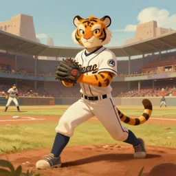 fursona commission of a anthro tiger baseball pitcher wearing a baseball uniform in a baseball stadium. pretty, beautiful, DnD character art portrait, matte fantasy painting. Desert mining town. DeviantArt Artstation, by Jason Felix by Steve Argyle by Tyler Jacobson by Peter Mohrbacher, cinematic lighting