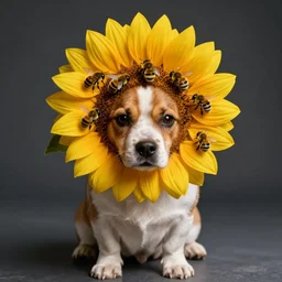dog wearing a sunflower as a hat covered in bumblebees, photo realistic, dramatic lighting, realistic shadows