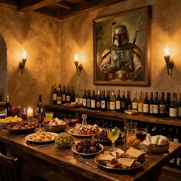 wine cellar full of food, torches on the wall, schnapps, romantic, inviting, cozy, Boba fett, painting Vladimir Volegov