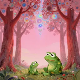 high resolution 4k wonder of exploration vast sky pepe frog love and family worlds of love and joy made in abyss design Tony DiTerlizzi dream like storybooks pepe the frog happy alone in a field sitting wholesome soft and warm the value of love a clear prismatic pink sky, red woods Canopy , unnerving , disheartening , love, warm ,Luminism, prismatic , fractals , pepe the frog , art in the style of Tony DiTerlizzi , Francisco de Goya and Akihito Tsukushi and Gustave dore and Arnold Lobel