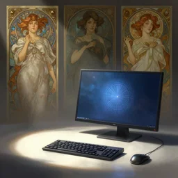 A computer, zenith angle, shadowy area, dramatic lighting, concept art, digital painting, Unreal Engine 5, 8K, art by artgerm and Greg Rutkowski and Alphonse Mucha