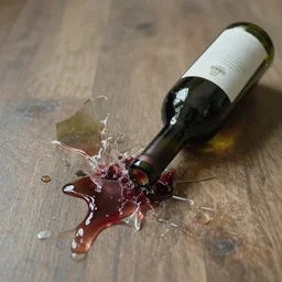 wine bottle hitting the floor, bottom part explode into pieces letting the wine escape but bottle upper part remain clean, clear view on the label, cinematographic realistic look