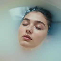 portrait photography of a woman's face floating in translucent opaque milkbath by mark owen. closed eyes. kodak. hq. ethereal.