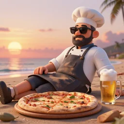 pizza chef with sunglasses relaxing on the beach with a pizza in the sunset, foaming beer, dirty apron, extremely detailed 3 d render, octane render, octane, ray tracing, evening sky, trending, deviantart, artstation