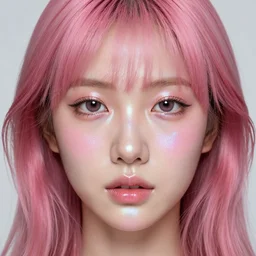 holographic detailed portrait face of a girl with pink oil and acrylic haired high quality