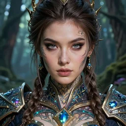 a tattooed female warrior wearing a magical leotard in a magical forest, hyper realistic face, beautiful eyes, beautiful detailed eyes, fantasy art, in the style of greg rutkowski, illustration, epic, fantasy, intricate, hyper detailed, artstation, concept art, smooth, sharp focus, vibrant