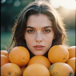 analog close up frontal face portrait photography of a beautiful woman surrounded by oranges and mangos by annie leibovitz. vogue. kodak portra 8 0 0 film. ( depth of field ). whirl bokeh!!. golden hour. detailed. hq. realistic. warm light. muted colors. filmic. dreamy. lens flare. mamiya 7 ii, f / 1. 2, symmetrical balance, in - frame