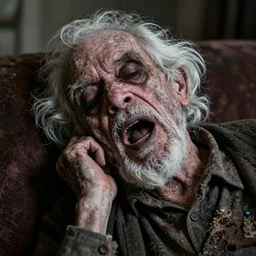 portrait of a gaudy and slim wrinkled creepy dark - skinned old man, with white hair, sleeping with his mouth open