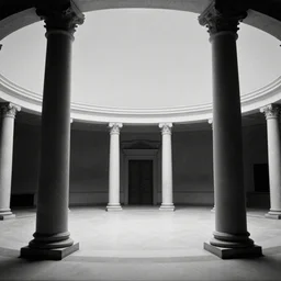 movie still of a big sphere hall with columns, cinestill 8 0 0 t black and white, by andrei tarkovsky, heavy grain, high quality, high detail, ultra wide lens, cinematic composition, dramatic light, lens flares, anamorphic volumetric light