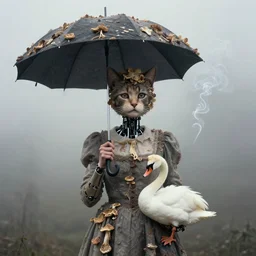 photographic portrait of sad max ernst woman robotic dried melting floral fungus with spiraling cigarette smoke, wearing a dress, head of a cat, holding an umbrella and a swan, in fog, editorial