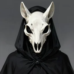 portrait of a character wearing a black cloak, with a white mask in the shape of an animal skull, the mask covers her entire face, dramatic lighting, illustration by Greg rutkowski, yoji shinkawa, 4k, digital art, concept art, trending on artstation