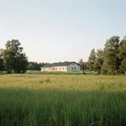 A serene landscape with a singular building in the style of   Karlkka.