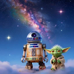 hyper realistic photo of beautiful dreamy sky full of a billion rainbow stars, r 2 d 2, yoda, hyper realistic, fractal art, art station, coherent design, symmetrical, vivid colour, complementary colour, golden ratio, detailed, sharp lines, intricate, rainbow shift, in unreal 3 d engine, ray tracing, octane render