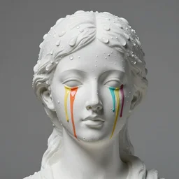 solid white sculpture of a young woman's head, large condensation water drops cover the head, coloured paint is dripping down her face in lines