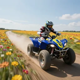 a realistic long lens photo of speed racer on an blue and yellow quad bike speeding through a flowers field, speed, race, intense, insanely detailed, high detail, 8k, high resolution, artstation, cinematic, chase scene, action scene, action movie, vanishing point, motion blur lines, hyperspeed