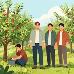 editorial illustration portrait of a people working in a apple - orchard, mads berg, christopher balaskas, victo ngai, rich grainy texture, detailed, dynamic composition, colorful, wide angle, kurzgesagt, matte print, screen print, ( ( dither ) )