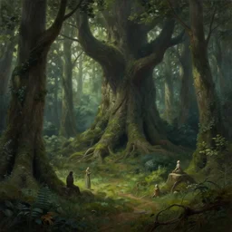 peaceful elven forest, thick forest, large living trees are visible in the background, by alan lee, michal karcz, smooth details, lord of the rings, game of thrones, smooth, detailed terrain, oil painting, trending artstation, concept art, fantasy matte painting