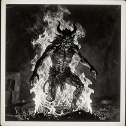 photo of demon in fire, old vintage photography, damaged photo, film artifacts, black and white, scratches, tears, hyperrealistic, ultra detailed, 4 k