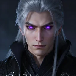 portrait of a man with purple eyes dressed in a black cloak with silver hair, glowing purple eyes, detailed face, fantasy, highly detailed, cinematic lighting, digital art painting by greg rutkowski