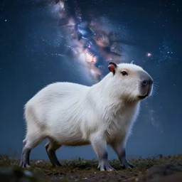 a white capybara cruising the milky way, beautiful, agile, myth, legend, trending on artstation, light effects, john harris, kilian eng,, bastien lecouffe - deharme