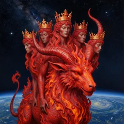 diadems, crowns, on a ten horned beast with seven heads, fiery red, detailed, intricate, matte painting by Les Edwards, Jim Burns and Michael Whelan, in background starry night sky and distant earth, milky way, dragon tail