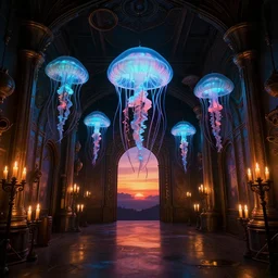jellyfish museum interior design, bioluminescent, steampunk artnouveau, candlelight, sunset glow, dark shadows, octane render, volumetric lighting, raytracing, symmetrical wide shot low angle