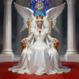 fantasy painting of throne room with red ground and the queen sit with long white dress and ritual summun guardian angel gemstone incrusted in crown and white colone like greek temple volume lighting dark fog ray stained glass artstation fanart , by Jason Felix by Steve Argyle by Tyler Jacobson by Peter Mohrbacher