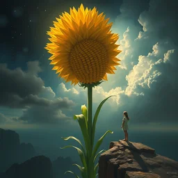 giant corn flower as a head, girl standing on cliff, surreal photography, stars, dramatic light, impressionist painting, storm clouds, digital painting, artstation, simon stalenhag
