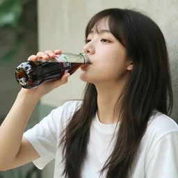 a woman, mid-20s, drinking a bottle of coke