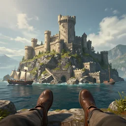 Сastle on the rock with ship in sea, first person POV, Unreal Engine, Greg Rutkowski, ArtStation