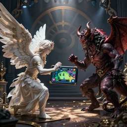 an angel playing a video game against a demon