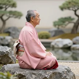 low camera view of a zen master in a beautiful pink and red kimono quietly sitting in a rock garden overlooking a pond of lilly pads during a sublime sunrise, one sun, his dark silhouette completely obscured by mist and fog, colorful masterpiece photography,