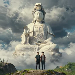 craig mullins and ghibli digital illustration of a huge guanyin - shape smoke and clouds in the sky, ainstorm, summer ， mountain, unreal engine, hyper realism, realistic shading, cinematic composition, realistic render, octane render, detailed textures, photorealistic, wide shot