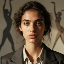 detailed portrait in femininity, realistic face sculpted features, ethnic, exotic, deep clear eyes, statuesque, gazelle, warm glowing skin, wild hair, collared shirt, structured jacket, chiaroscuro, tangible, angular impressionism, ambient morning light, key lighting, arabesque backdrop, contemporary, modern fashion, natural colors