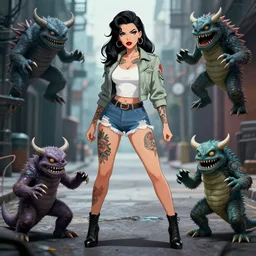 tattooed pinup girl halston sage wearing a jacket and ripped shorts and fighting monsters in a dark street, character sheet, character design,, contrast, deep focus, turnaround, highly detailed, dramatic lighting, digital painting, artstation, concept art, matte, sharp focus, illustration, elegant, art by artgerm and greg rutkowski and alphonse mucha.