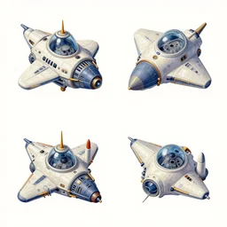 isometric sprite sheet of spaceship in gouache detailed paintings rotated left rotated right props stylised