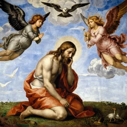 Jesus crying at God's feet, by Sandro Botticelli, renaissance painting, angels and colombes, clouds