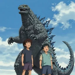Men look up at the sky, frightened, Scenes from Godzilla(1988)