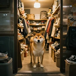 shiba inu inside a japanese thrift store, cinematic light, warm colours, atmospheric, 8 k photography