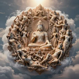 massive mess of Kajuraho sculptures melted in a organic form all together become real beautiful human realistic bodies practising kamasutra in the clouds, celestial light,  photo real,  by luis ricardo falero ,trending on artstation , rule of thirds, Highly detailed, anatomically correct, dramatic lighting,