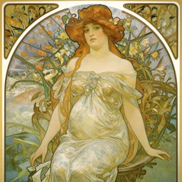 A delicate painting of a pregnant woman sitting at a pond, by Alphonse Mucha, art nouveau, detailed, elegant