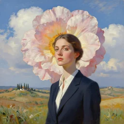 giant flower head, woman in suit in toscana, italy, clouds in sky, surreal, impressionist painting, digital painting, artstation, rob gonsalves
