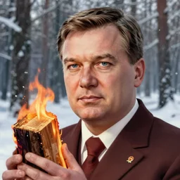 soviet poster of viktor orban, highly detailed face, holding a burning wood piece, winter forest in background