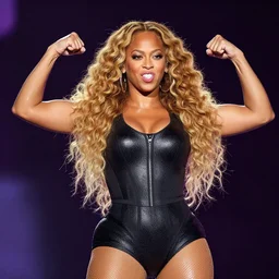 beyonce super jacked on steroids and protein flexing ropy muscles and making a stupid face in concert